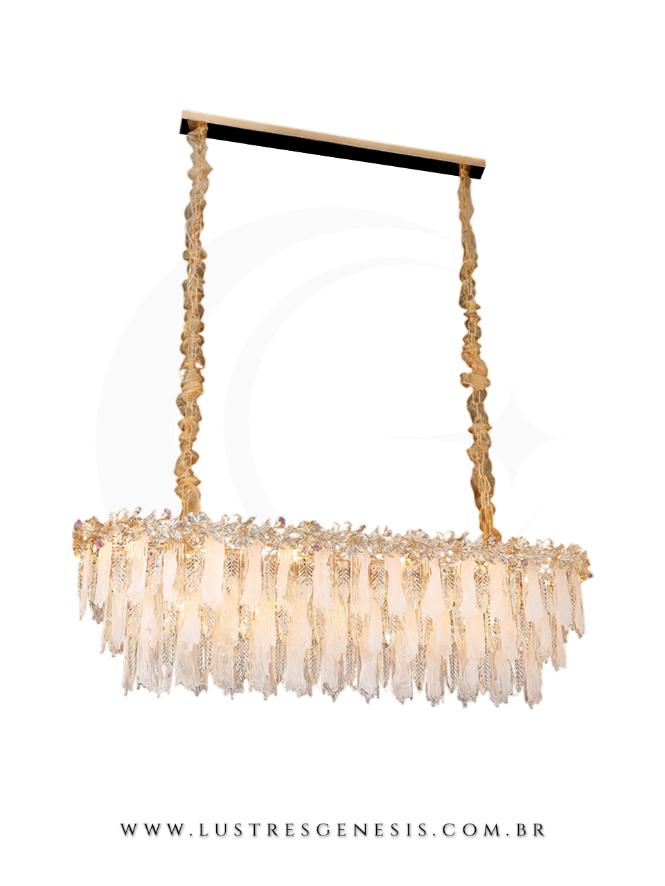 Lustre pendente de cristal dourado retangular, 120x40cm, ideal para sala de jantar, com l&acirc;mpadas E-14.